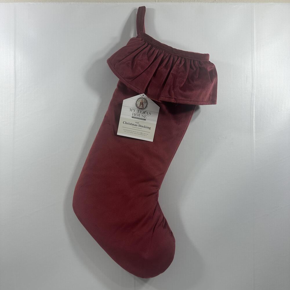 My Texas House Red Ruffle Christmas Stocking 20" Velvet Hanging Holiday Decor